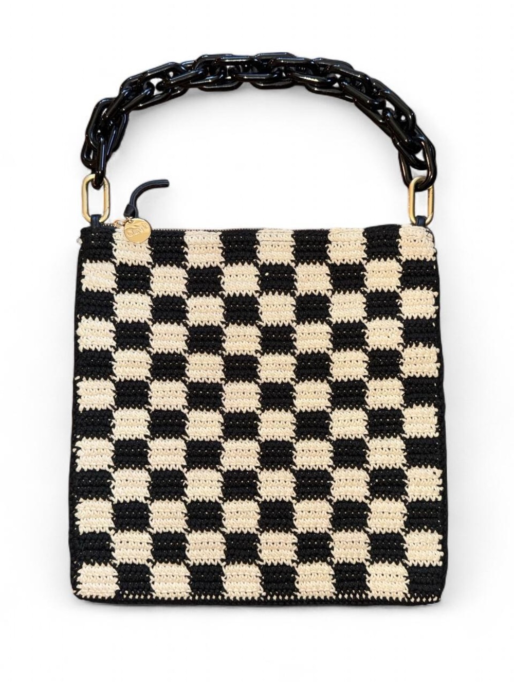 Clare V Black & Cream Checkered Crochet Shoulder Bag with Glossy Chain